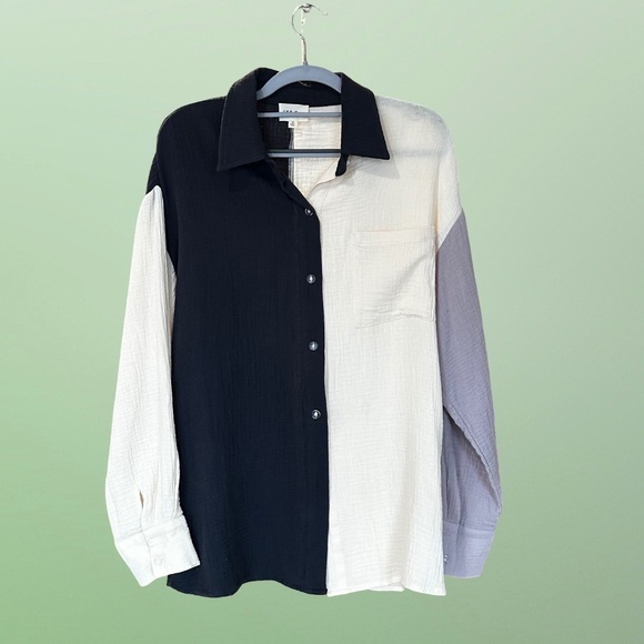 143 Story Women's Button-Up Long Sleeve Gauze Blouse Grey/Cream Med - Picture 10 of 12